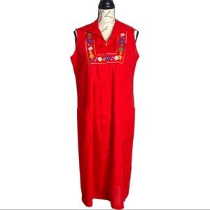 Vintage 60s-70s Red Floral Embroidery Day House Dress